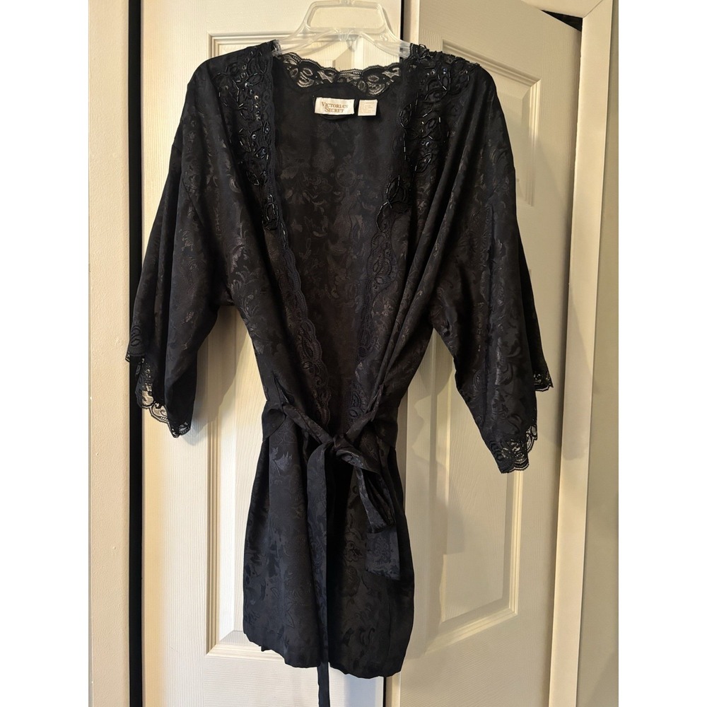 Vtg Victoria's Secret Robe Womens‎ OS Black Jacquard Lace Sequined Lingerie